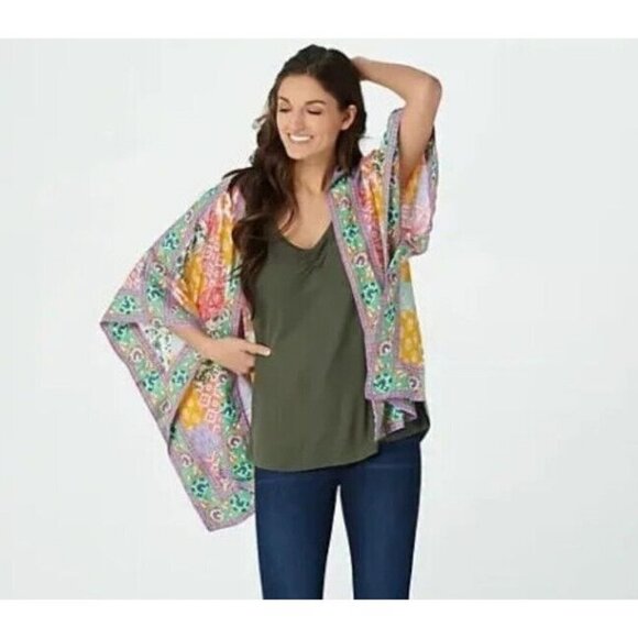 Tolani Collection Petite Printed Open Front Woven Wrap YLW Ptchwrk,XXS - Picture 1 of 1